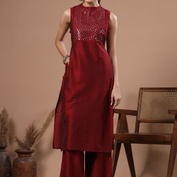 FASHOR Embroidered Sleeveless Mirror Work Kurta With Palazzos Set-image-67