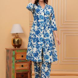 Samhitas Printed V Neck Pure Cotton Top With Trousers Co-Ords-picture-10