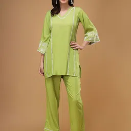 Bani Women  Floral Embroidered V-Neck Lace Top & Flared Trouser-22