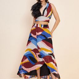 Antheaa Blue Printed Crop Top & Skirt-image-25