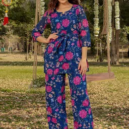 RANGREAL Floral Printed Notched Neck Tunic & Palazzos With Tie-Up Belt-23