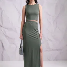 Tokyo Talkies Olive Green Ribbed Top With Skirt-picture-55
