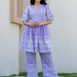 HOUSE OF JAMOTI Embroidered Chikankari Pure Cotton Tunic & Trouser-image-11