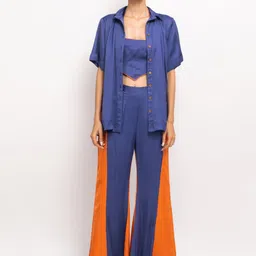 Neora Colorblocked Shirt Collar Top With Trousers & Shrug-image-34
