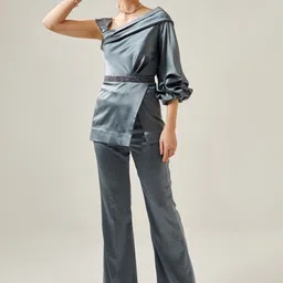 ONE KNOT ONE Asymmetric Neck Top & Trouser With Embellished Belt-picture-1
