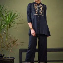 Shae by SASSAFRAS Black Embroidered Shirt With Palazzos Co-Ords-picture-53