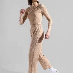 Campus Sutra Self-Design Pure Cotton Crop Top With Trouser Co-Ords-picture-1