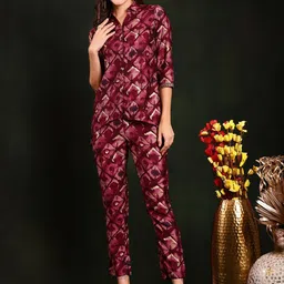 Claura Purple Printed Shirt Collar Shirt & Trousers-14