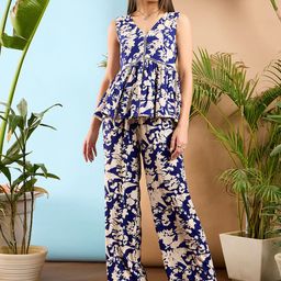 SASSAFRAS Blue Floral Printed Top With Palazzo-image-6