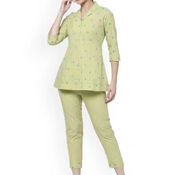 KALINI Nimbu Pani Striped Cuban Collar Pure Cotton Top With Trousers-image-39
