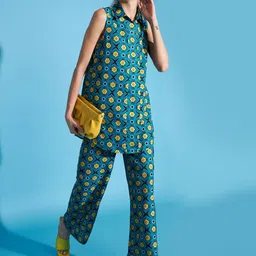 SASSAFRAS Teal Blue Printed Tunic & Trouser Co-Ords-image-30