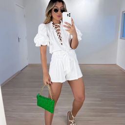 LULU & SKY V-Neck Puff Sleeves Lace Up Detail Top With Shorts Co-Ords-image-94