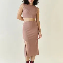 aayu Round Neck Ribbed Top With Skirt Co-Ords-image-70