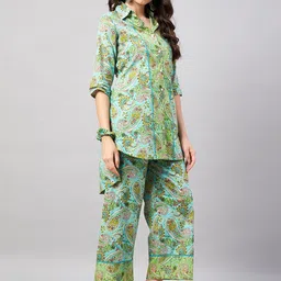 WineRed Printed Pure Cotton Shirt Collar Top With Trouser-24