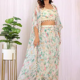 LABEL KANUPRIYA Printed Shoulder Straps Top & Skirt with Shrug-image-6