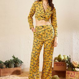 KASSUALLY Yellow Floral Printed Crop Blazer and Trousers-image-31