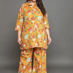 Tissu Plus Size Floral Printed Shirt Collar Ethnic Pure Cotton Top with Palazzos-20
