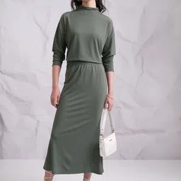Tokyo Talkies Olive Green High Neck Top And Maxi Skirt-picture-51