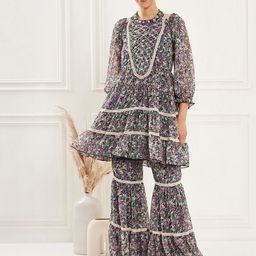 Antheaa Floral Printed Lace Insert Top & Sharara-image-35