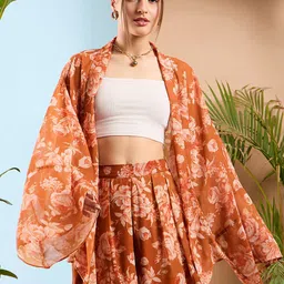 SASSAFRAS Rust Floral Printed Shrug With Shorts-4