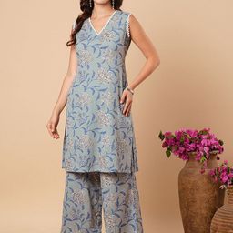 FASHOR Printed Pure Cotton Tunic With Palazzos Co-Ords-49