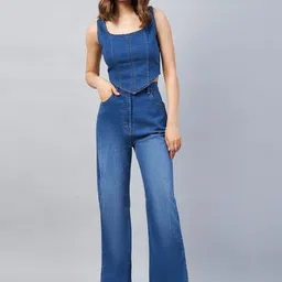 Chemistry Shoulder Strap Denim Top With Slit Flared Jeans Co-Ords-image-45