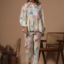 SANSKRUTIHOMES Yellow Printed Shirt Collar Long Sleeves Top & Trousers-image-76