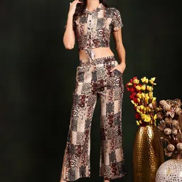Claura Brown Printed Shirt Collar Top With Trousers-41