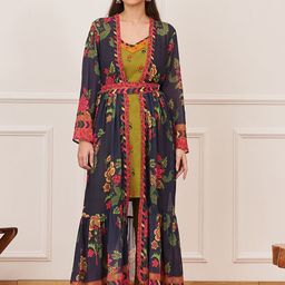 Rustorange Printed V-Neck Tunic & Flared Trouser & Shrug With Belt Co-Ords-picture-37