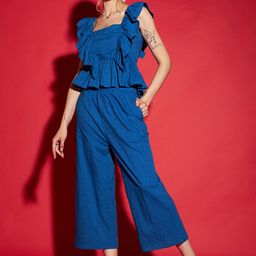 SASSAFRAS Blue Self Design Schiffli Pure Cotton Peplum Top With Palazzo-image-29