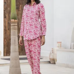 KALINI Floral Printed Cuffed Sleeves Straight Casual Shirt With Trousers-50