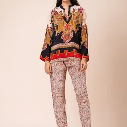 SARSO Ethnic Motifs Printed Mandarin Collar Top With Trousers-image-3