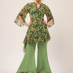 Antheaa Green Floral Printed Mandarin Collar Flared Sleeves Co-Ords-image-51