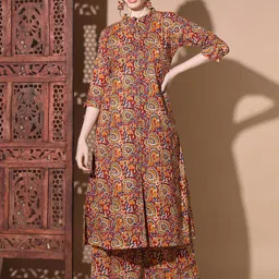 Vbuyz Kalamkari Floral Kalamkari Printed Mandarin Collar Pure Cotton Top & Palazzos-picture-50