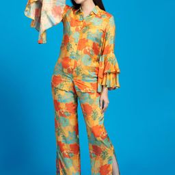 OCTICS Floral Printed Shirt Collar Bell Sleeve Shirt With Trousers-picture-47