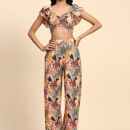 RACHNA Tropical Printed Sweetheart Neck Ruffled Sleeves Crop Top With Trouser-19