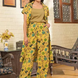 SANSKRUTIHOMES Floral Printed Notched Lapel Collar Pure Cotton Shrug With Trousers-26