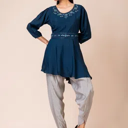 SARSO Floral Embellished Round Neck Tunic With Dhoti Trousers-image-6