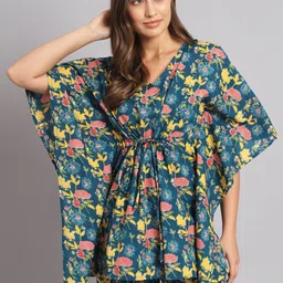 Vastralay Blue Flower Printed Pure Cotton Kaftan & Shorts-picture-41