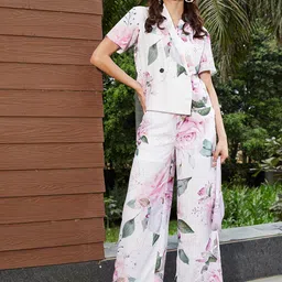 SASSAFRAS Floral Printed Shawl Collar Top With Pants-14