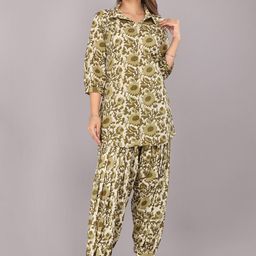 KANNAHI Shirt Collar Floral Printed Regular Pure Cotton Kurta with Afghani Pant-picture-23