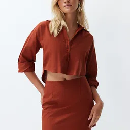 Trendyol Cuffed Sleeves Pure Cotton Crop Shirt & Skirt-picture-15