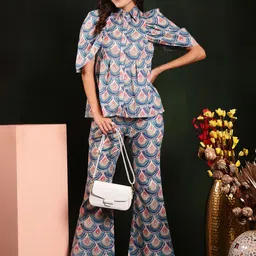 Claura Blue Abstract Printed Spread Collar Pure Cotton Shirt With Trousers-picture-20