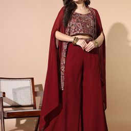 Chhabra 555 Embroidered Crop Top With Flared Cape & Palazzo-picture-35