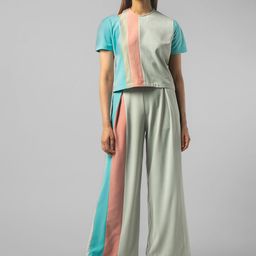 KOLORTHERAPI Colourblocked Round Neck Puff Sleeves Cut-Outs Top With Palazzos-image-47