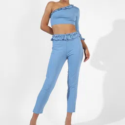 Campus Sutra One Shoulder Ruffle Detailed Pure Cotton Top With Trousers Co-Ords-picture-3