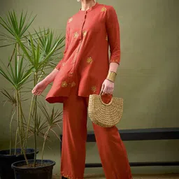 Shae by SASSAFRAS Rust Embroidered Shirt With Palazzos Co-Ords-picture-42