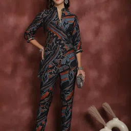 Claura Printed Mandarin Collar Tunic With Trousers Co-Ords-image-42