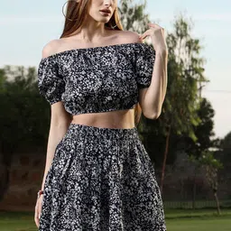 Sera Women Navy Blue & White Printed Crop Top & Skirt-image-97