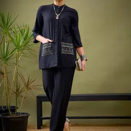 Shae by SASSAFRAS Black Embroidered Shirt With Palazzos Co-Ords-picture-16